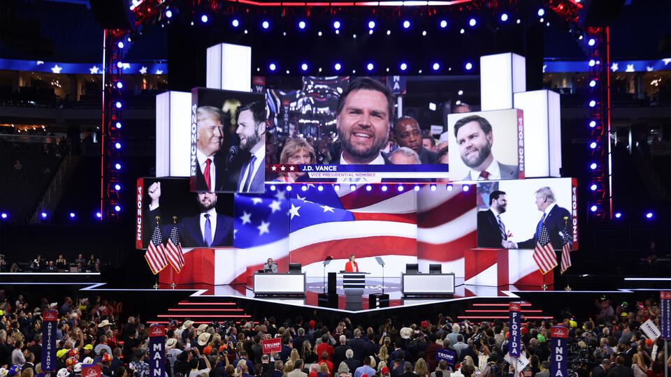 Images of J. D. Vance on video screens at the Republican National Convention